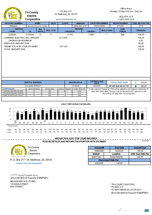 USA Tri County Electric Cooperative business utility bill template in Word and PDF formats